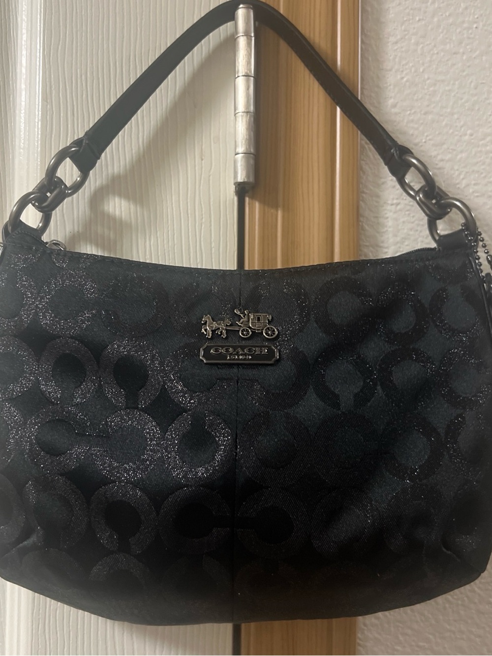 Coach Black Signature Jacquard Hobo Shoulder Bag with Horse & Carriage Plaque